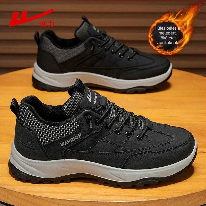 Férfi fleece-töltött téli házi cipő, vízálló felső rész, PVC talp, fűzővel, kerek orrú