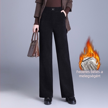 Női Corduroy széles lábú nadrág fleece-beléssel, magas derekú, vast téli 2025, elegáns ingázó stílus