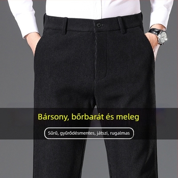 Férfi corduroy nadrág, magas derék, téli vastag, casual, egyenes szabású