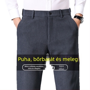 Férfi corduroy nadrág, magas derék, téli vastag, casual, egyenes szabású