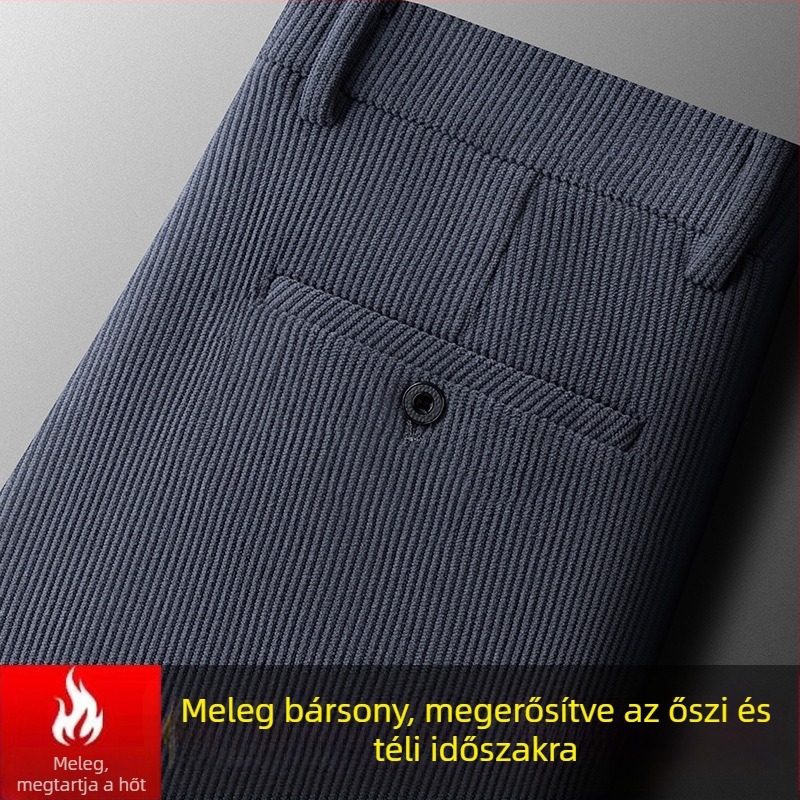 Férfi corduroy nadrág, magas derék, téli vastag, casual, egyenes szabású