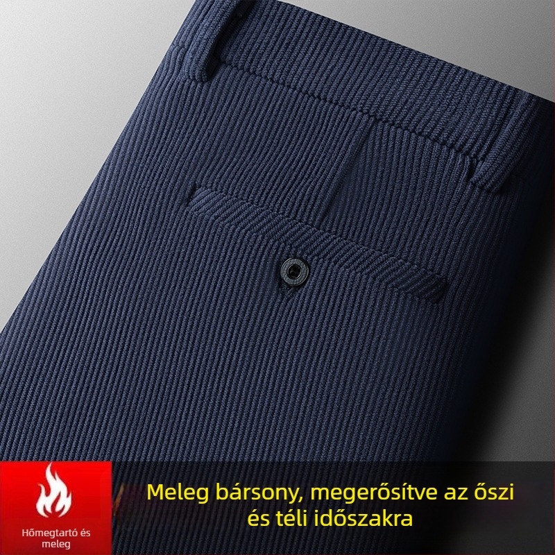 Férfi corduroy nadrág, magas derék, téli vastag, casual, egyenes szabású