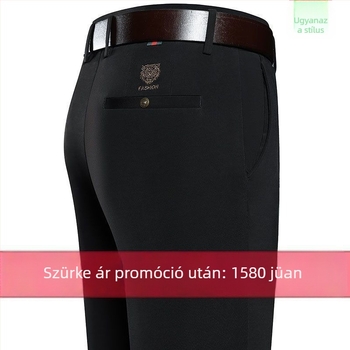 Prémium férfi nyári nadrág, magas derék, egyenes szabás, vasalásmentes, gyűrődésálló, rugalmas, tigrisfej hímzéssel, hosszú nadrág
