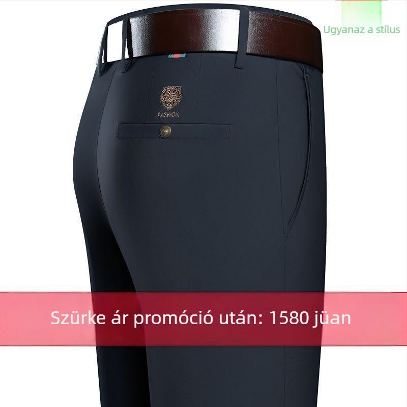 Prémium férfi nyári nadrág, magas derék, egyenes szabás, vasalásmentes, gyűrődésálló, rugalmas, tigrisfej hímzéssel, hosszú nadrág