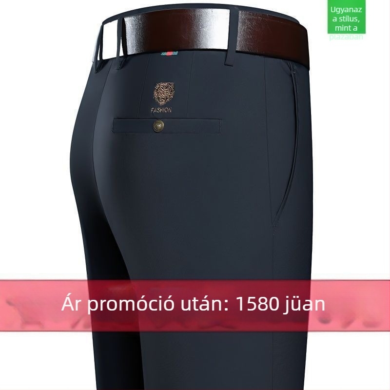 Prémium férfi nyári nadrág, magas derék, egyenes szabás, vasalásmentes, gyűrődésálló, rugalmas, tigrisfej hímzéssel, hosszú nadrág