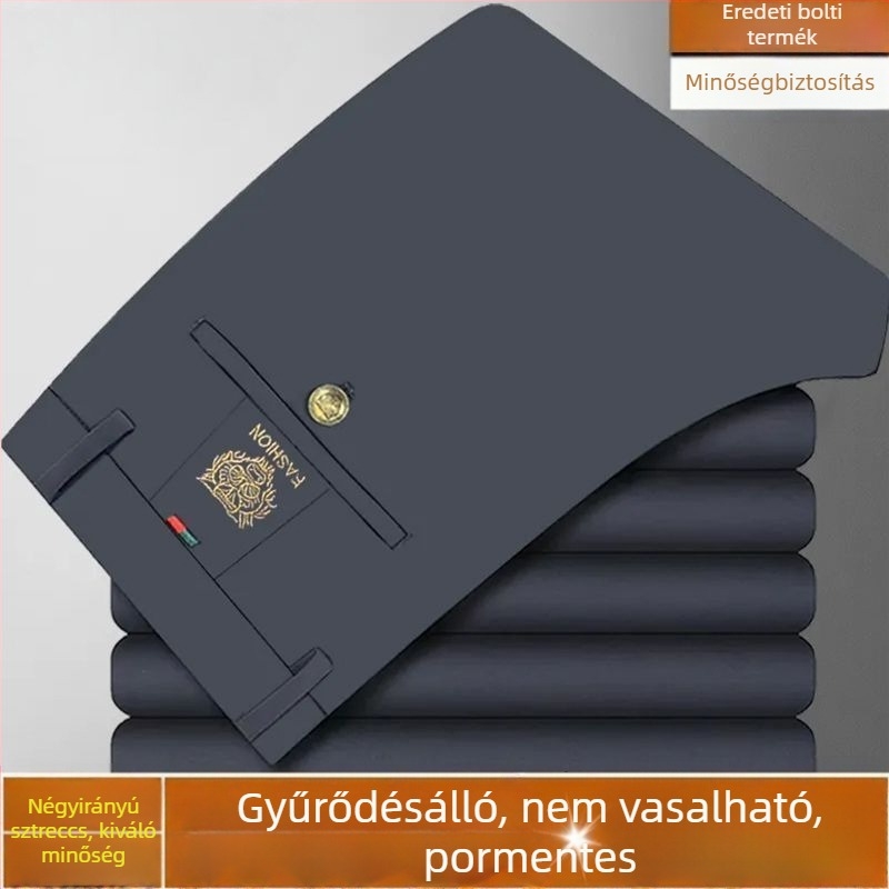Prémium férfi nyári nadrág, magas derék, egyenes szabás, vasalásmentes, gyűrődésálló, rugalmas, tigrisfej hímzéssel, hosszú nadrág