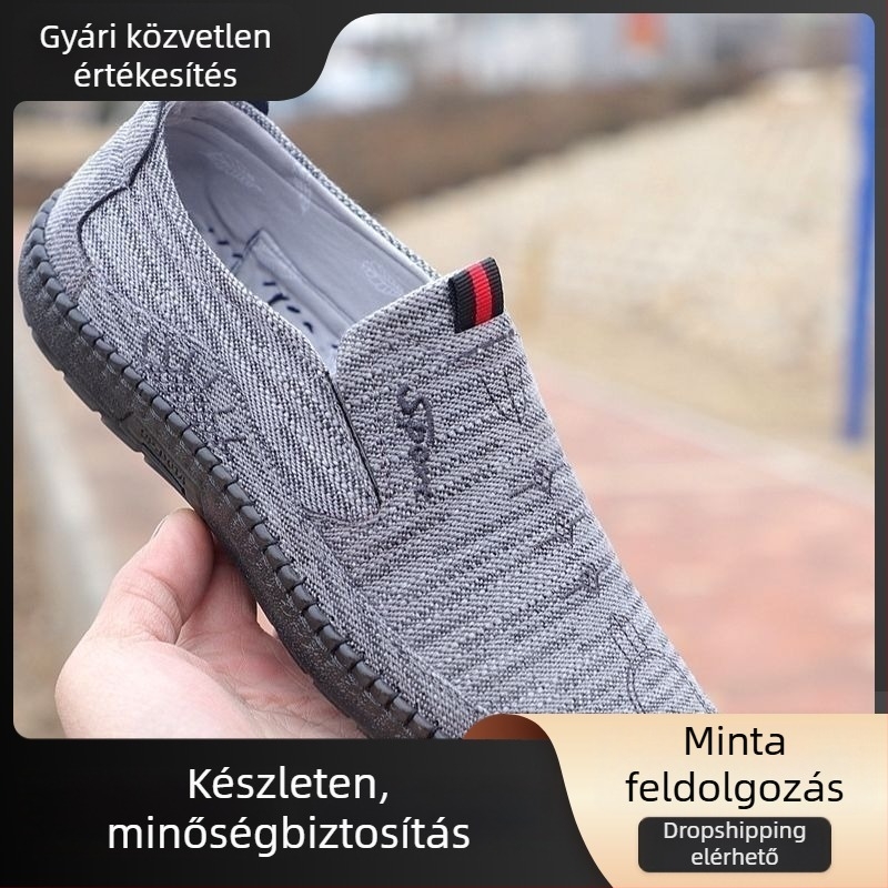 Férfi vászon slip-on cipő, légáteresztő, alacsony profilú, kerek orr, EVA talpbetét, gumitalp
