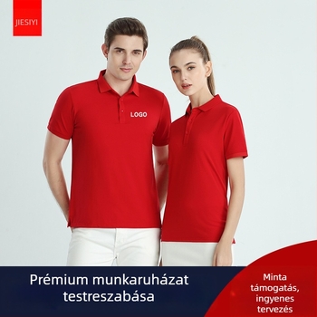 Mercerizált pamut polo munkaegyenruha, hímzett logóval, rövid ujjú, lélegző, nedvességelvezető anyag.