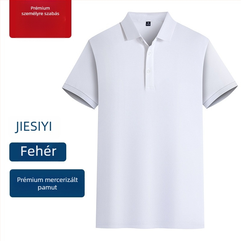 Mercerizált pamut polo munkaegyenruha, hímzett logóval, rövid ujjú, lélegző, nedvességelvezető anyag.