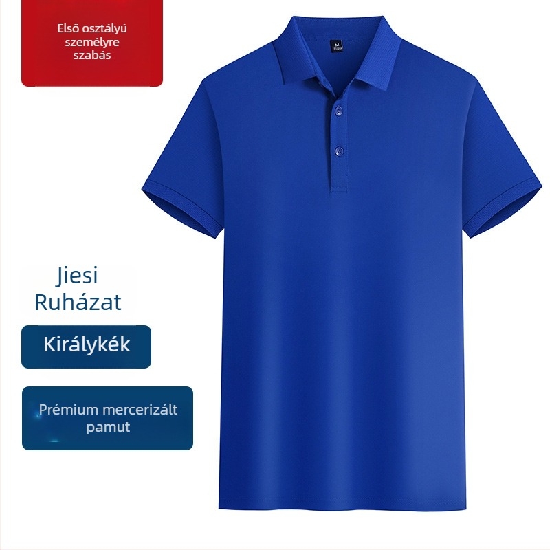 Mercerizált pamut polo munkaegyenruha, hímzett logóval, rövid ujjú, lélegző, nedvességelvezető anyag.