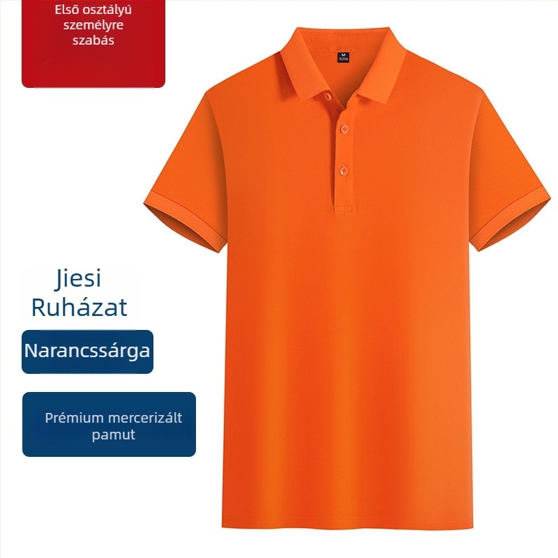 Mercerizált pamut polo munkaegyenruha, hímzett logóval, rövid ujjú, lélegző, nedvességelvezető anyag.