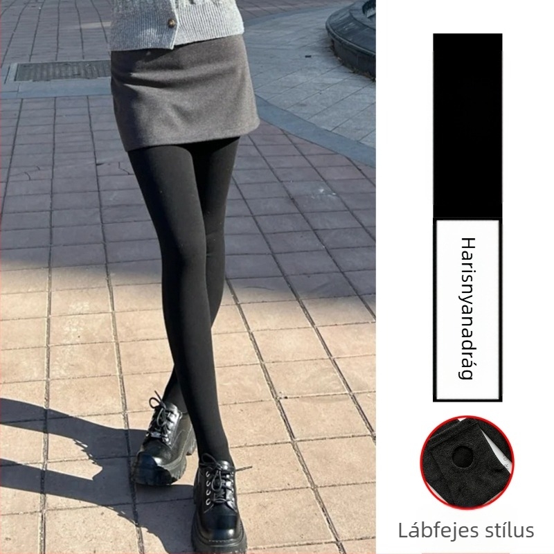 Női fleece-béléssel ellátott leggings tavaszi–őszi viseletre, vastag, fekete és szürke, meleg