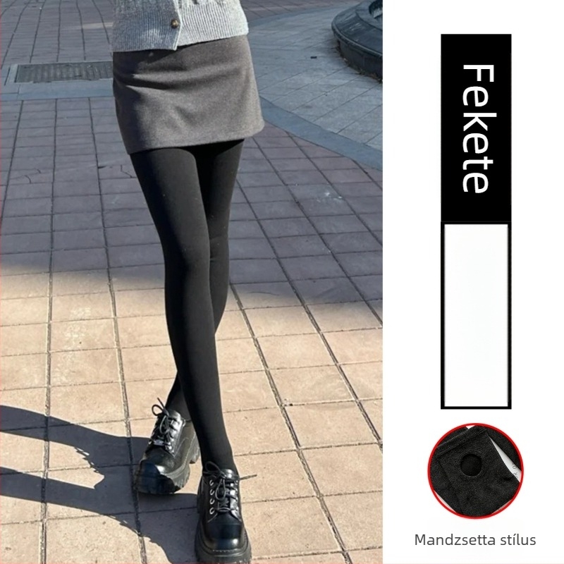 Női fleece-béléssel ellátott leggings tavaszi–őszi viseletre, vastag, fekete és szürke, meleg