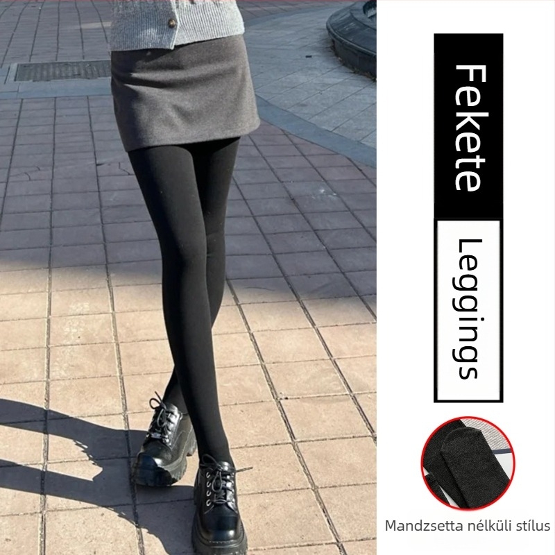 Női fleece-béléssel ellátott leggings tavaszi–őszi viseletre, vastag, fekete és szürke, meleg