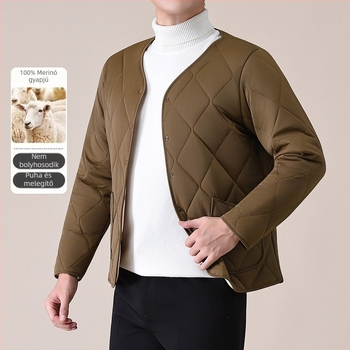 Férfi vastag gyapjú mellény V-nyakkal, gyapot töltőanyag, poliészter bélés, oldalsó zsebek, gombos zárás, egyenes szegély, szabadidős stílus