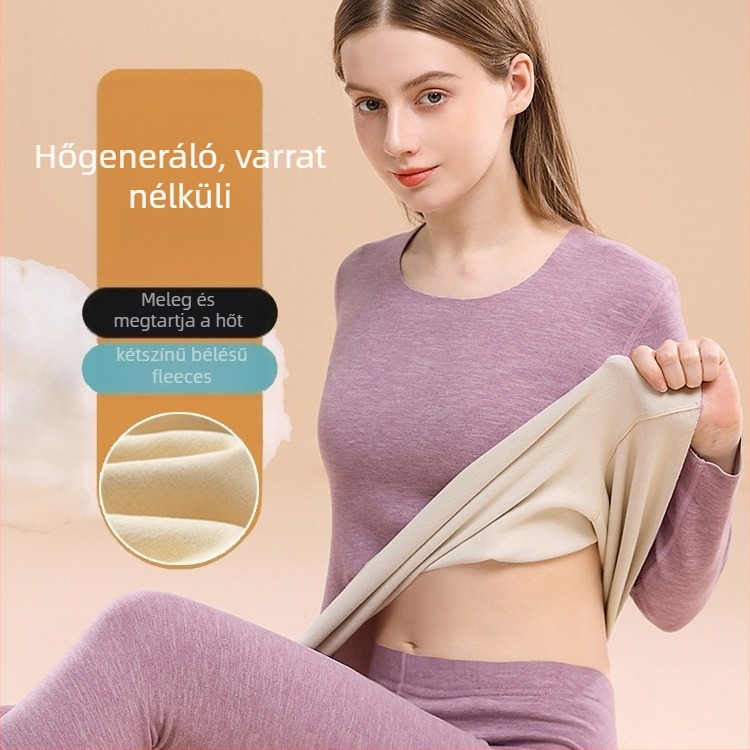 Női melegítő alsóruha készlet fleece-beléssel, vastag anyag 201–250 g/m², két részes szett: felső kerek nyakú és hosszú ujjú, fűtő funkcióval