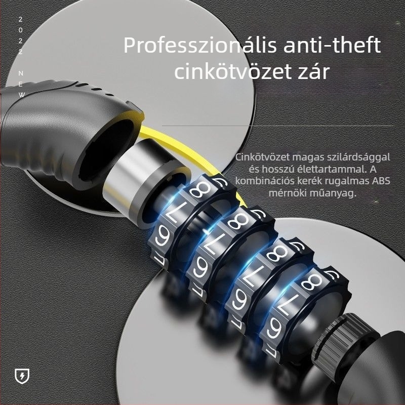 Keyma jelszavas zár kerékpárokhoz, motorkerékpárokhoz és elektromos járművekhez — négyjegyű kód, PVC+acélkábel, 100 g