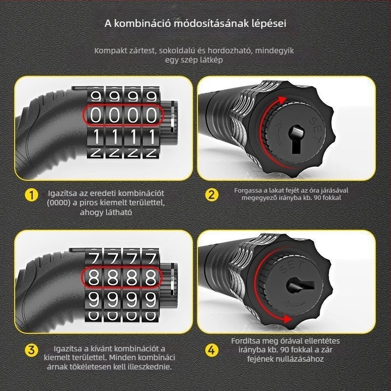 Keyma jelszavas zár kerékpárokhoz, motorkerékpárokhoz és elektromos járművekhez — négyjegyű kód, PVC+acélkábel, 100 g