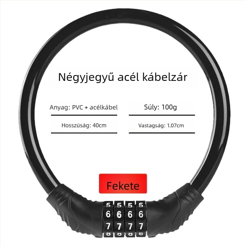 Keyma jelszavas zár kerékpárokhoz, motorkerékpárokhoz és elektromos járművekhez — négyjegyű kód, PVC+acélkábel, 100 g