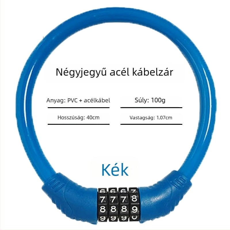 Keyma jelszavas zár kerékpárokhoz, motorkerékpárokhoz és elektromos járművekhez — négyjegyű kód, PVC+acélkábel, 100 g