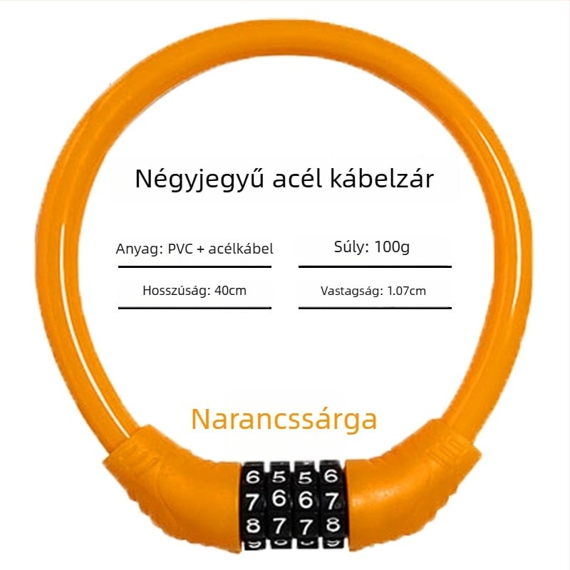 Keyma jelszavas zár kerékpárokhoz, motorkerékpárokhoz és elektromos járművekhez — négyjegyű kód, PVC+acélkábel, 100 g