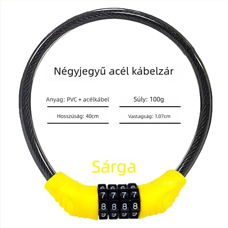 Keyma jelszavas zár kerékpárokhoz, motorkerékpárokhoz és elektromos járművekhez — négyjegyű kód, PVC+acélkábel, 100 g