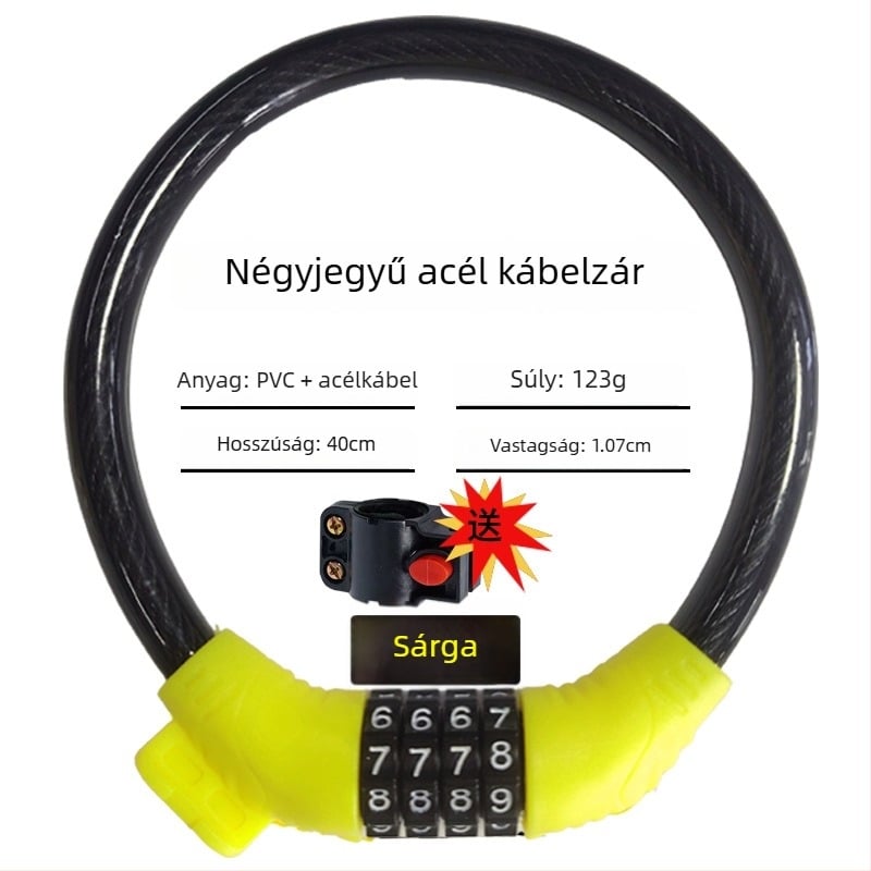Keyma jelszavas zár kerékpárokhoz, motorkerékpárokhoz és elektromos járművekhez — négyjegyű kód, PVC+acélkábel, 100 g