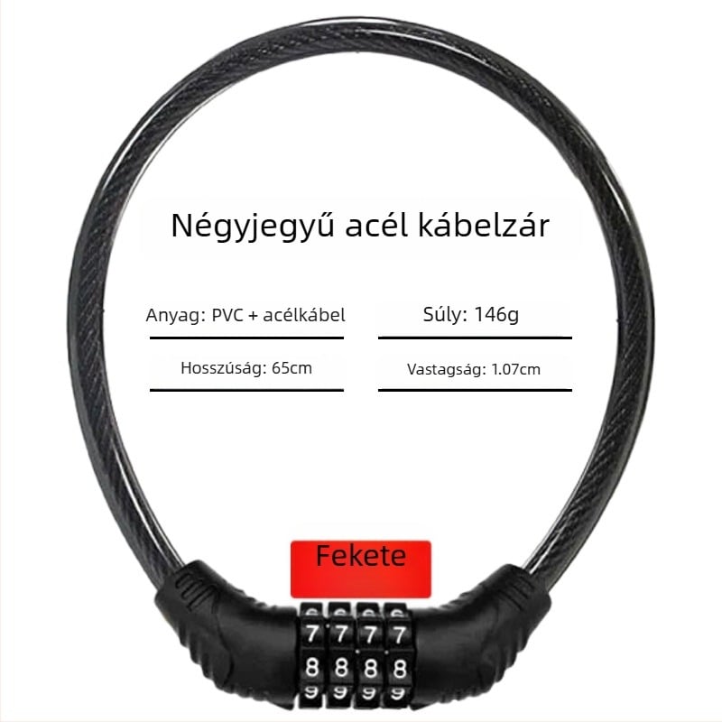 Keyma jelszavas zár kerékpárokhoz, motorkerékpárokhoz és elektromos járművekhez — négyjegyű kód, PVC+acélkábel, 100 g