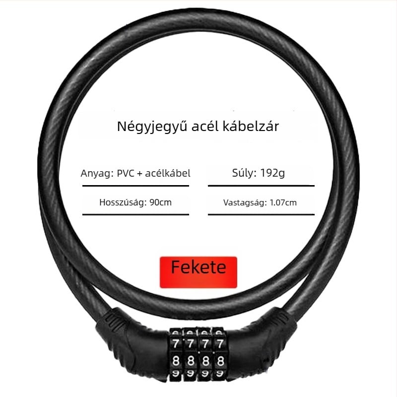 Keyma jelszavas zár kerékpárokhoz, motorkerékpárokhoz és elektromos járművekhez — négyjegyű kód, PVC+acélkábel, 100 g