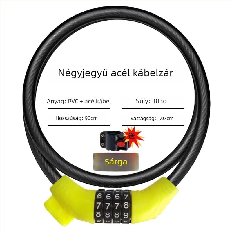 Keyma jelszavas zár kerékpárokhoz, motorkerékpárokhoz és elektromos járművekhez — négyjegyű kód, PVC+acélkábel, 100 g
