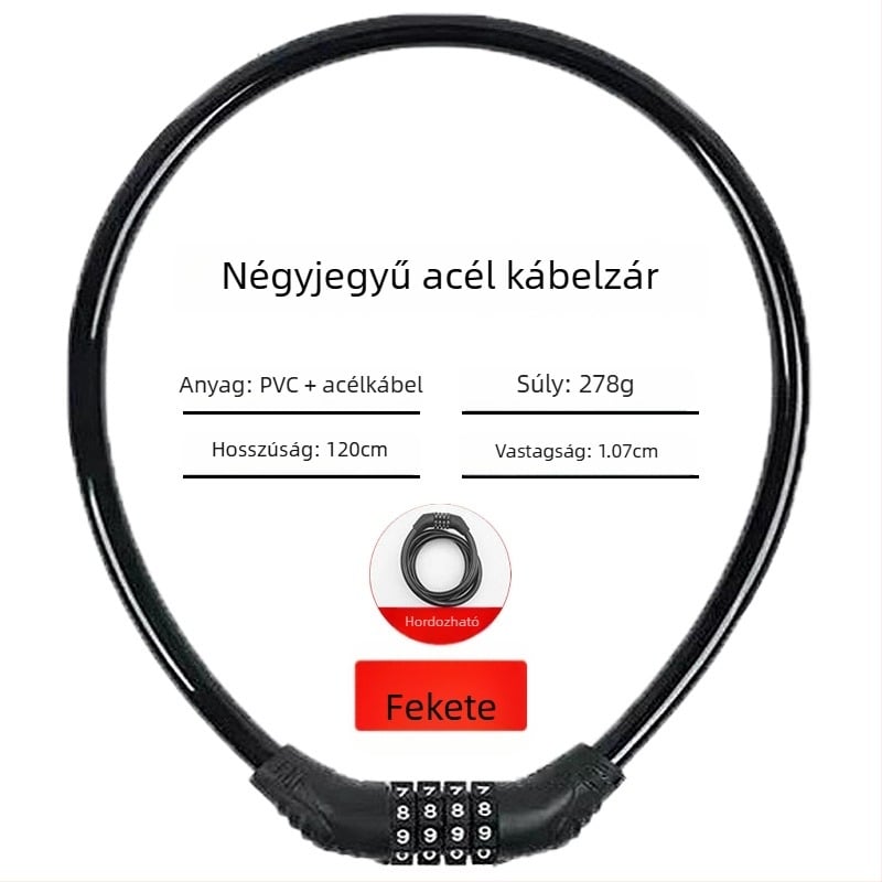 Keyma jelszavas zár kerékpárokhoz, motorkerékpárokhoz és elektromos járművekhez — négyjegyű kód, PVC+acélkábel, 100 g