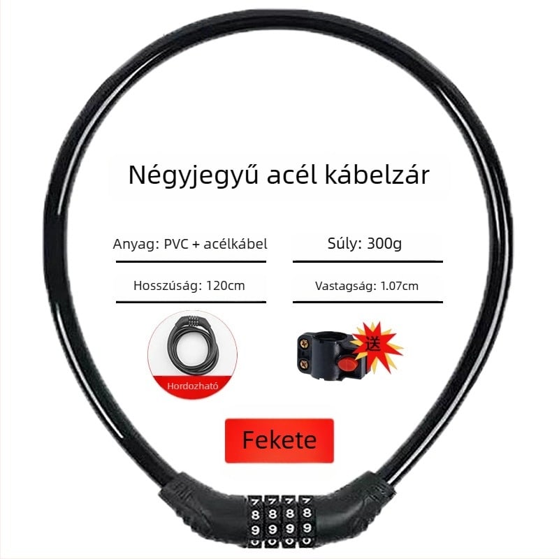 Keyma jelszavas zár kerékpárokhoz, motorkerékpárokhoz és elektromos járművekhez — négyjegyű kód, PVC+acélkábel, 100 g