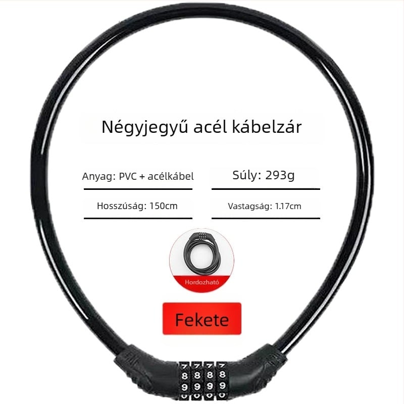 Keyma jelszavas zár kerékpárokhoz, motorkerékpárokhoz és elektromos járművekhez — négyjegyű kód, PVC+acélkábel, 100 g