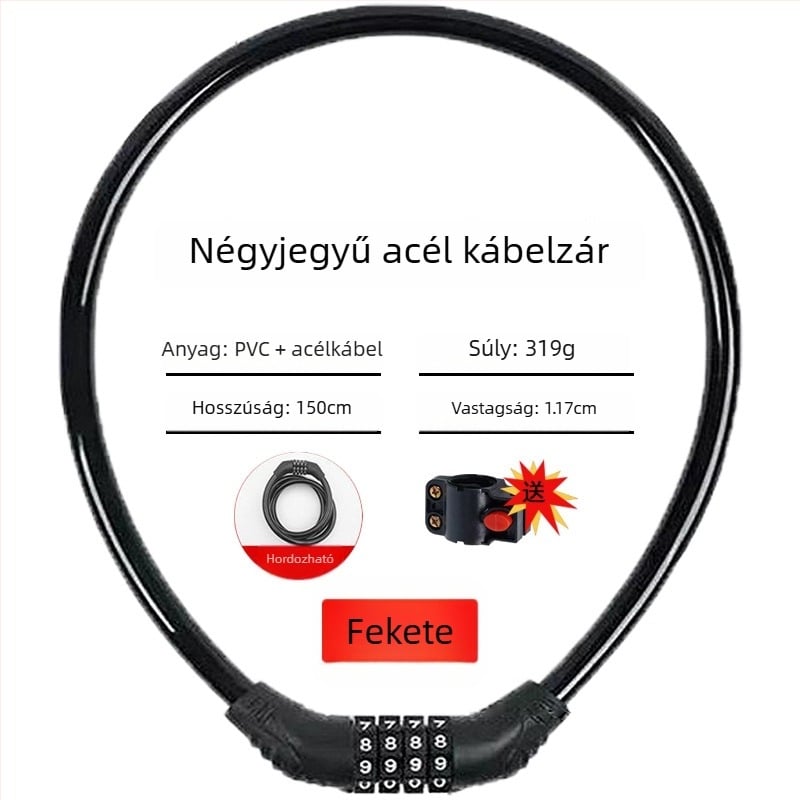 Keyma jelszavas zár kerékpárokhoz, motorkerékpárokhoz és elektromos járművekhez — négyjegyű kód, PVC+acélkábel, 100 g