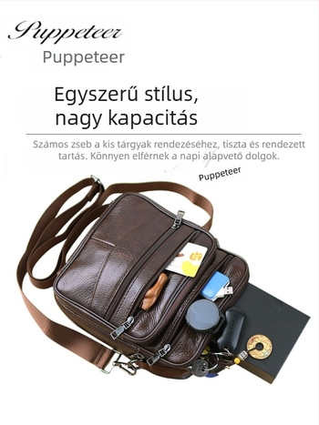 Papetier férfi bőrtáska, válltáska, városi egyszerű stílus, első osztályú marhabőr, vízálló, több zseb
