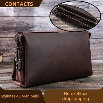 Férfi clutch táska — valódi bőr; kopásálló; poliészter bélés; egyszínű mintázat; őszi 2023