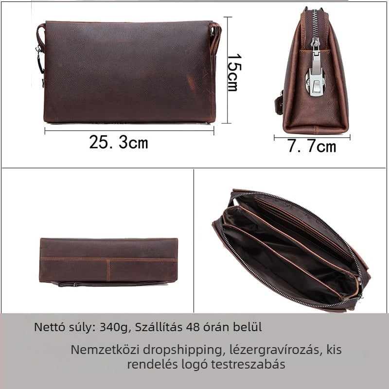 Férfi clutch táska — valódi bőr; kopásálló; poliészter bélés; egyszínű mintázat; őszi 2023
