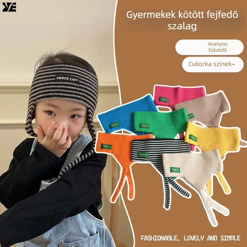 Gyermekek fülvédős fejpánt széles szélekkel, kötött gyapjúnból, kockás mintával, állat formájú fejfedő