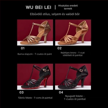 Női latin tánc cipők öt pánttal, T-formájú dizájnnal — felső rész selyem, velúr talp, légáteresztő, kopásálló