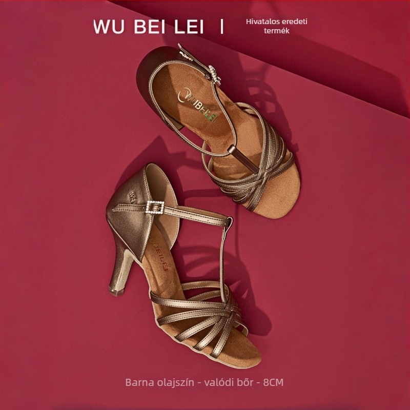 Női latin tánc cipők öt pánttal, T-formájú dizájnnal — felső rész selyem, velúr talp, légáteresztő, kopásálló