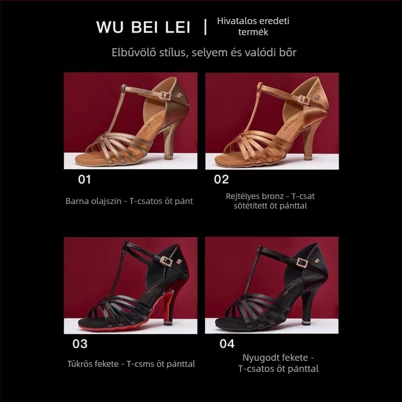 Női latin tánc cipők öt pánttal, T-formájú dizájnnal — felső rész selyem, velúr talp, légáteresztő, kopásálló