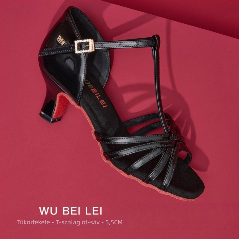 Női latin tánc cipők öt pánttal, T-formájú dizájnnal — felső rész selyem, velúr talp, légáteresztő, kopásálló