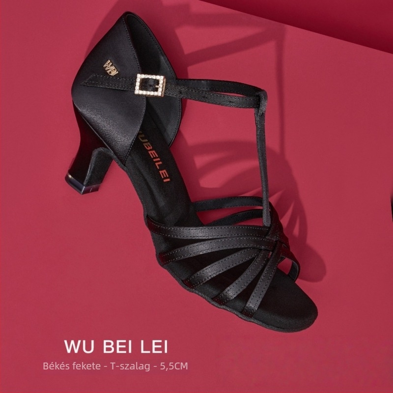 Női latin tánc cipők öt pánttal, T-formájú dizájnnal — felső rész selyem, velúr talp, légáteresztő, kopásálló