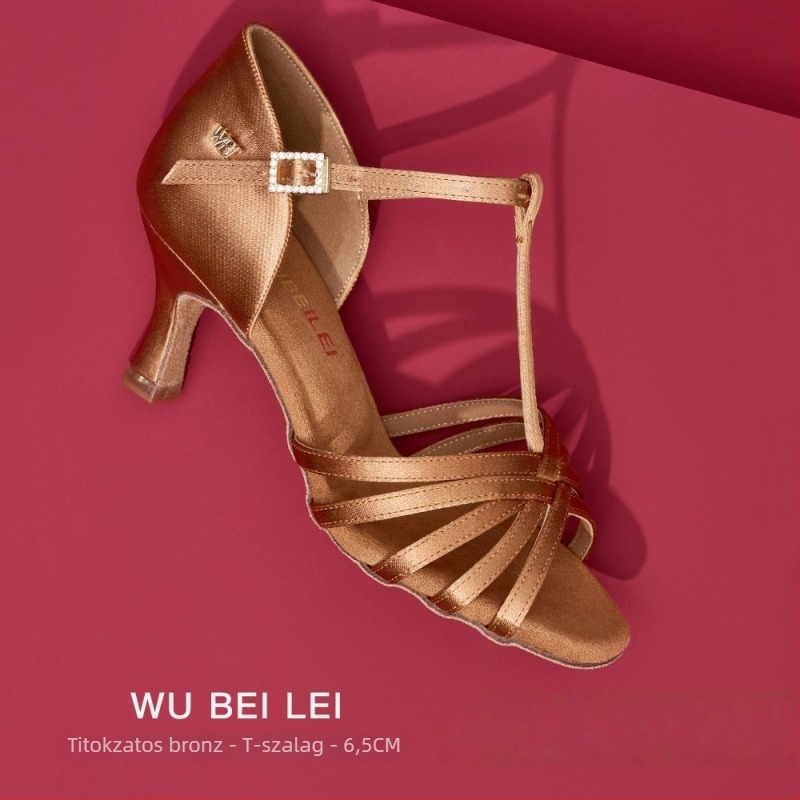 Női latin tánc cipők öt pánttal, T-formájú dizájnnal — felső rész selyem, velúr talp, légáteresztő, kopásálló