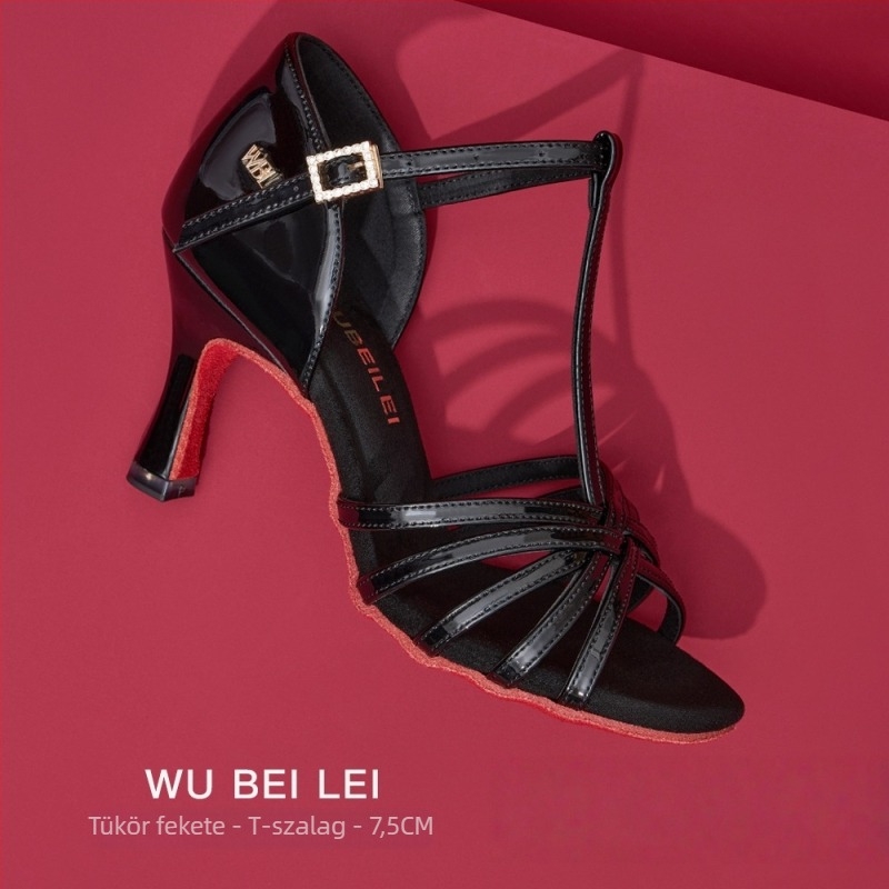 Női latin tánc cipők öt pánttal, T-formájú dizájnnal — felső rész selyem, velúr talp, légáteresztő, kopásálló