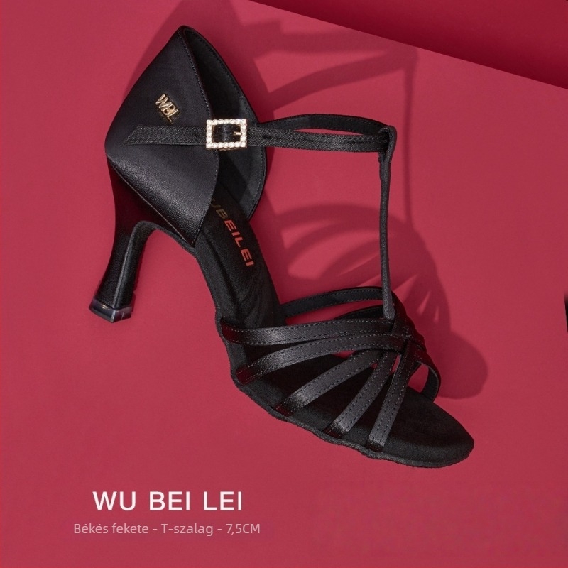 Női latin tánc cipők öt pánttal, T-formájú dizájnnal — felső rész selyem, velúr talp, légáteresztő, kopásálló