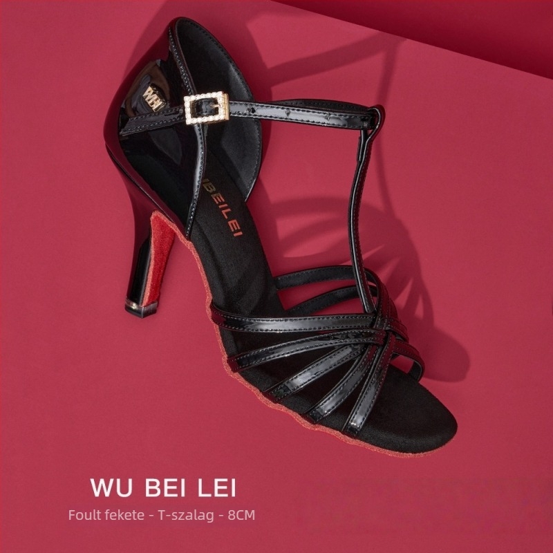 Női latin tánc cipők öt pánttal, T-formájú dizájnnal — felső rész selyem, velúr talp, légáteresztő, kopásálló