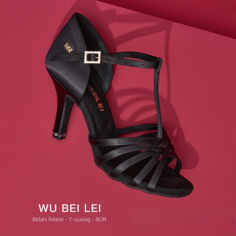 Női latin tánc cipők öt pánttal, T-formájú dizájnnal — felső rész selyem, velúr talp, légáteresztő, kopásálló