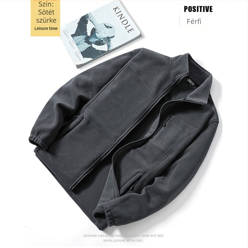 Flís kardigán dzseki, polar fleece, egyszínű, magas gallér, meleg télen és ősszel