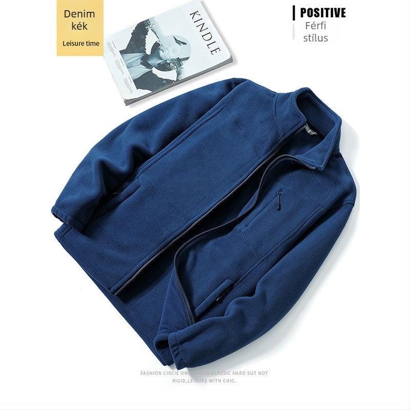 Flís kardigán dzseki, polar fleece, egyszínű, magas gallér, meleg télen és ősszel
